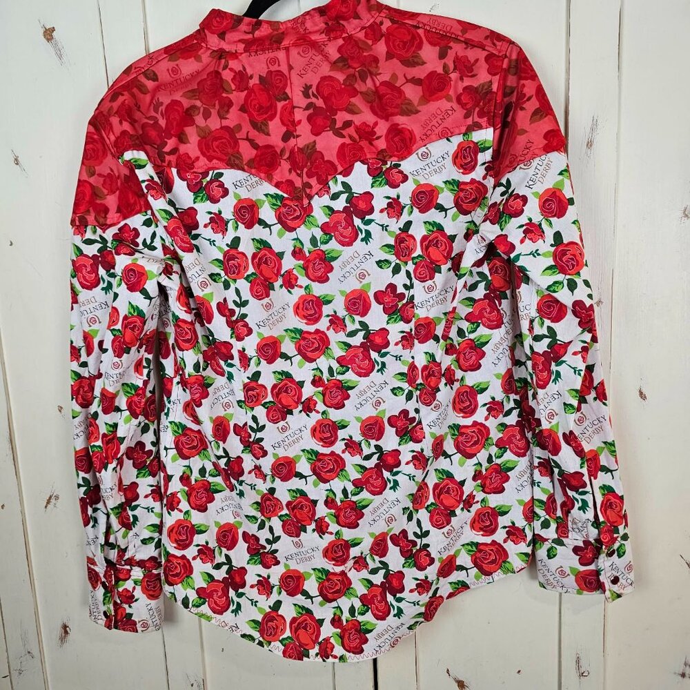 Kentucky Derby Rose Print Western Shirt Ella Johnsen Sheer Yoke Blouse Race Day - Picture 6 of 11